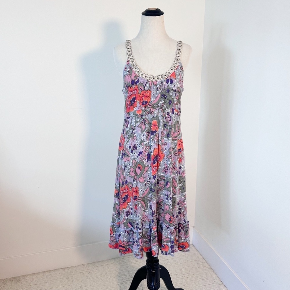 FREE PEOPLE Midi Dress Large Purple Boho Floral Babydoll Cottage Core Sundress M